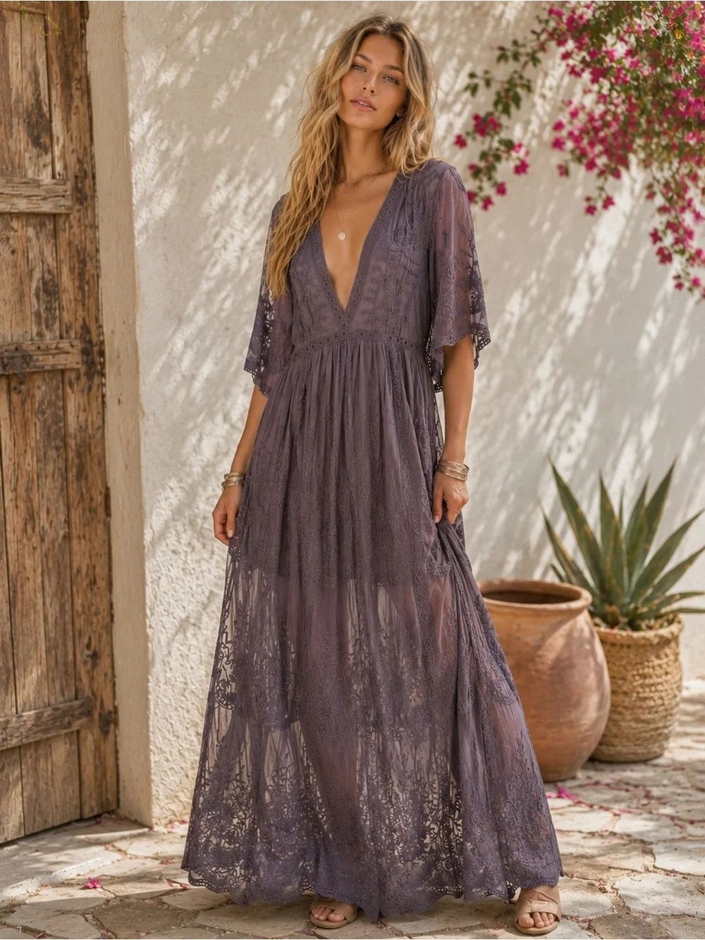 Wishlist Dusty Gray Lavender Lace Maxi Dress Boho Chic Aesthetic